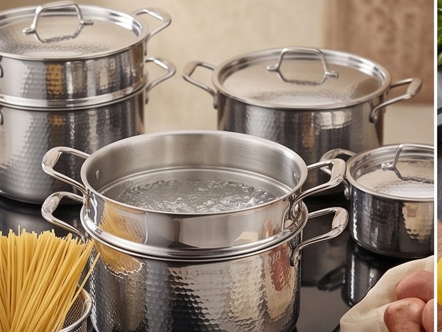 Stainless steel stockpots and cookware sets with hammered finish