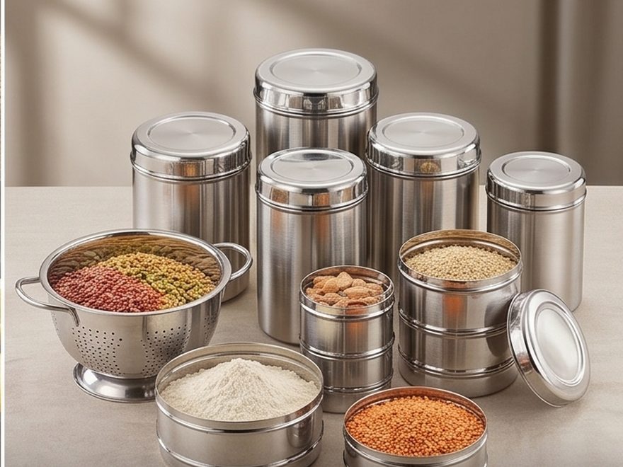 Steel canisters, tiffin carriers and mixing bowls
